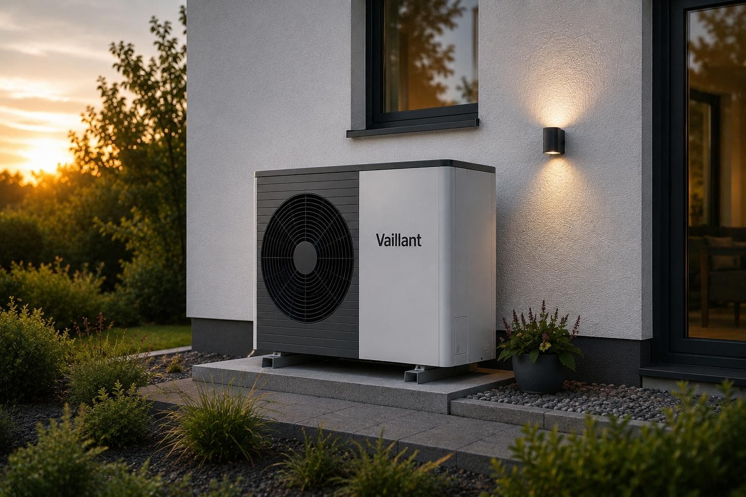 Moderne Wärmepumpe neben einem Wohnhaus