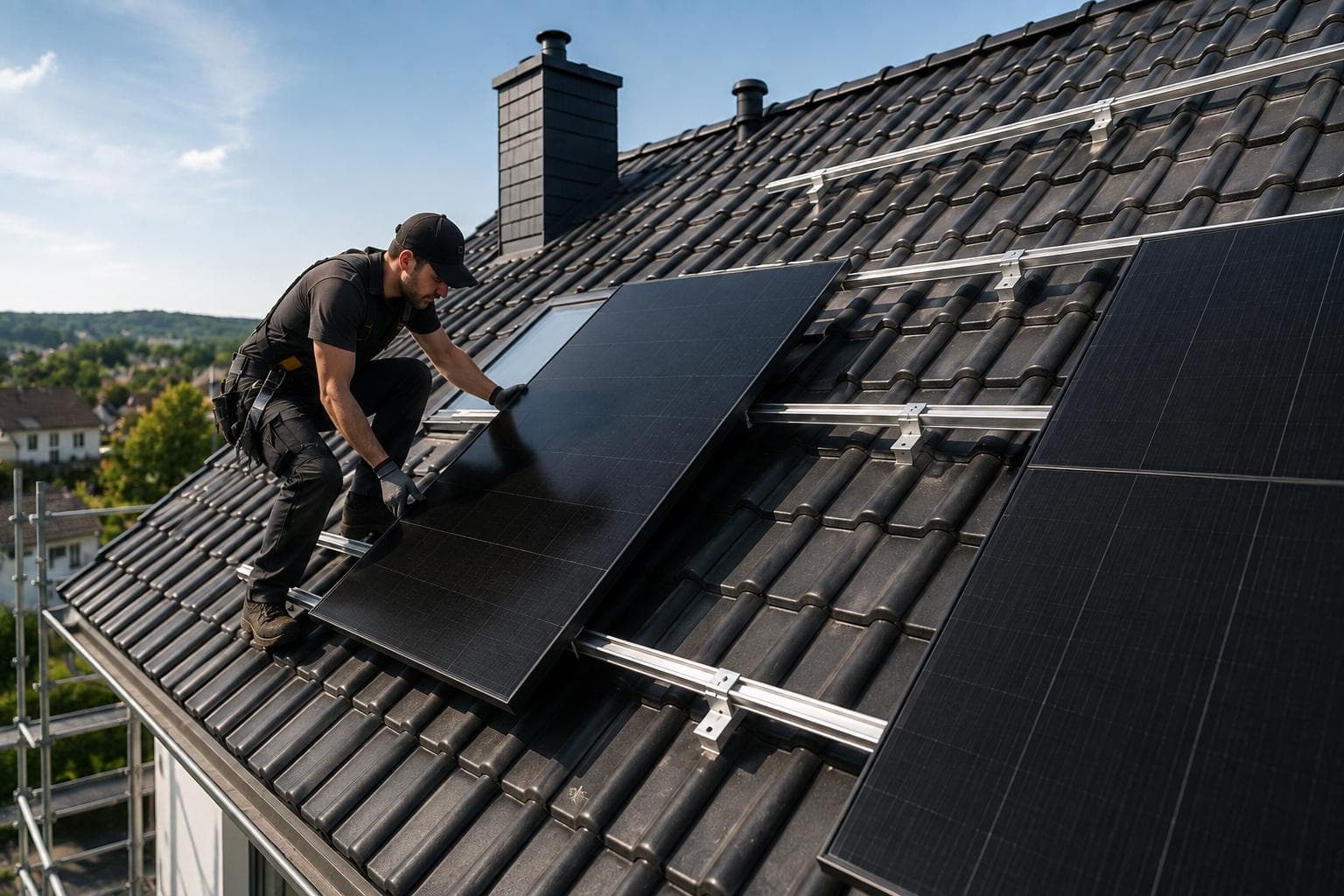 Ein Fachbetrieb montiert Photovoltaikmodule auf einem deutschen Haus